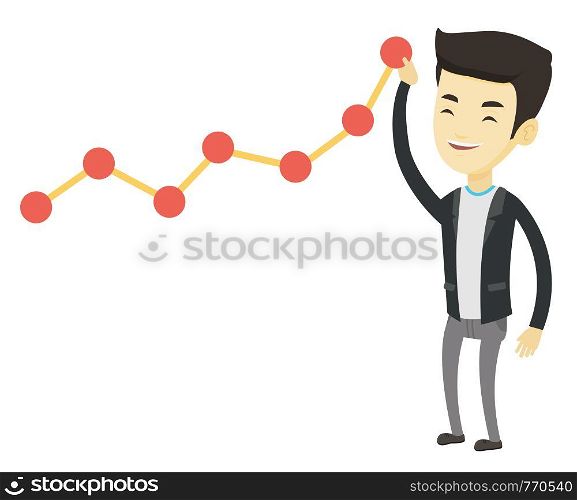 Asian businessman pulling up a business chart. Young business man in suit looking at chart going up. Businessman lifting a business chart. Vector flat design illustration isolated on white background.. Business man looking at chart going up.