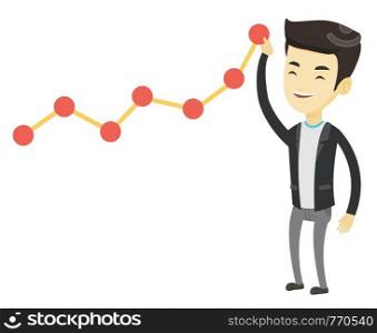 Asian businessman pulling up a business chart. Young business man in suit looking at chart going up. Businessman lifting a business chart. Vector flat design illustration isolated on white background.. Business man looking at chart going up.