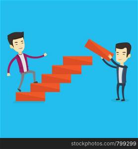 Asian businessman runs up the career ladder while another man builds this ladder. Businessman climbing the career ladder. Concept of business career. Vector flat design illustration. Square layout. Business man runs up the career ladder.
