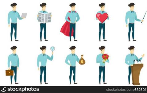 Asian businessman showing money bag with dollar sign. Full length of businessman with money bag. Businessman holding money bag. Set of vector flat design illustrations isolated on white background.. Vector set of illustrations with business people.