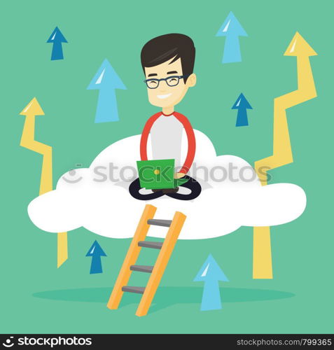 Asian businessman sitting on a cloud and working on his laptop. Excited businessman using cloud computing technology. Cloud computing technology concept. Vector flat design illustration. Square layout. Business man sitting on cloud with laptop.