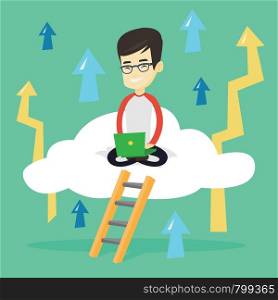Asian businessman sitting on a cloud and working on his laptop. Excited businessman using cloud computing technology. Cloud computing technology concept. Vector flat design illustration. Square layout. Business man sitting on cloud with laptop.