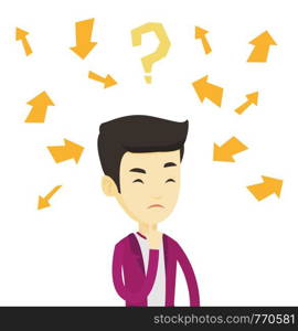 Asian businessman standing under question mark and arrows. Young businessman thinking. Business man surrounded by question mark and arrows. Vector flat design illustration isolated on white background. Young business man thinking vector illustration.