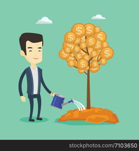 Asian businessman watering money tree. Businessman investing money in business project. Illustration of investment money in business. Investment concept. Vector flat design illustration. Square layout. Man watering money tree vector illustration.