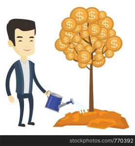 Asian businessman watering money tree. Businessman investing money in business project. Illustration of investment money in business. Vector flat design illustration isolated on white background.. Man watering money tree vector illustration.