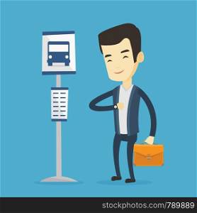 Asian businessman with briefcase waiting at the bus stop. Young businessman standing at the bus stop. Business man looking at her watch at the bus stop. Vector flat design illustration. Square layout.. Man waiting at the bus stop vector illustration.