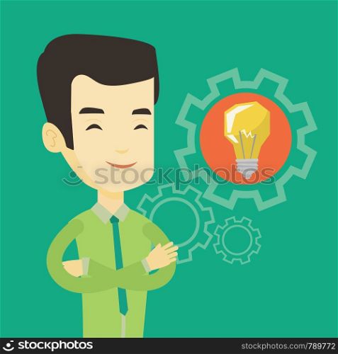Asian businessman with business idea bulb in a cogwheel. Young smiling businessman having a creative business idea. Concept of successful business idea. Vector flat design illustration. Square layout.. Man with business idea bulb in gear.