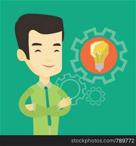 Asian businessman with business idea bulb in a cogwheel. Young smiling businessman having a creative business idea. Concept of successful business idea. Vector flat design illustration. Square layout.. Man with business idea bulb in gear.