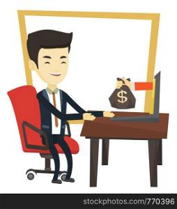 Asian businessman working in office and bag of money coming out of laptop. Man earning money from online business. Online business concept. Vector flat design illustration isolated on white background. Businessman earning money from online business.