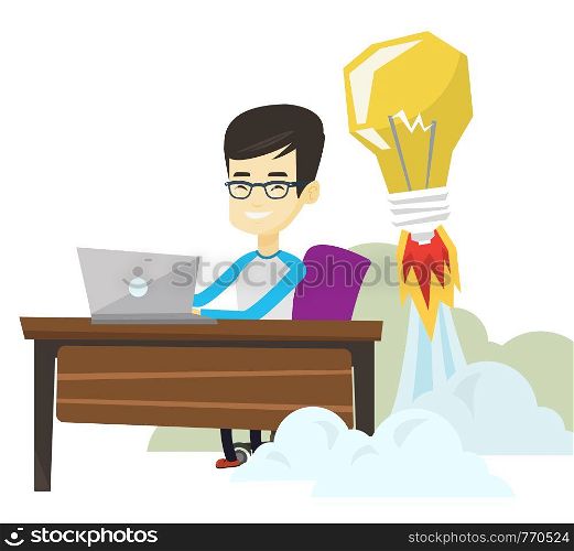 Asian businessman working on laptop in office and idea bulb taking off behind him. Businessman having business idea. Business idea concept. Vector flat design illustration isolated on white background. Successful business idea vector illustration.