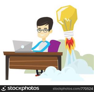 Asian businessman working on laptop in office and idea bulb taking off behind him. Businessman having business idea. Business idea concept. Vector flat design illustration isolated on white background. Successful business idea vector illustration.