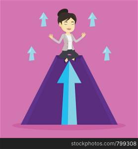 Asian businesswoman doing yoga on a mountain with arrow going up. Business woman meditating in yoga lotus pose. Businesswoman sitting in yoga lotus pose. Vector flat design illustration. Square layout. Peaceful business woman meditating in lotus pose.