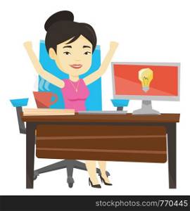 Asian businesswoman having a business idea. Young business woman working on computer on a business idea. Successful business idea concept. Vector flat design illustration isolated on white background.. Successful business idea vector illustration.