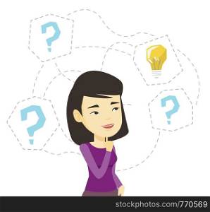 Asian businesswoman having idea. Businesswoman standing with question marks and idea bulb above her head. Successful business idea concept. Vector flat design illustration isolated on white background. Asian businesswoman having business idea.