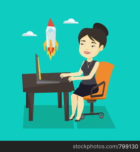 Asian businesswoman looking at business start up rocket. Young cheerful businesswoman working on a new business start up. Business start up concept. Vector flat design illustration. Square layout.. Business start up vector illustration.