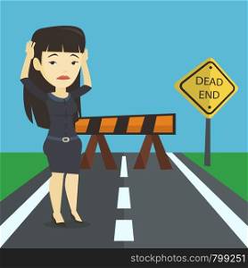 Asian businesswoman looking at road sign dead end symbolizing business obstacle. Businesswoman facing with business obstacle. Business obstacle concept. Vector flat design illustration. Square layout.. Business woman looking at road sign dead end.