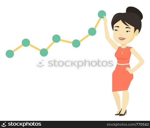 Asian businesswoman pulling up a business chart. Young business woman looking at chart going up. Businesswoman lifting a business chart. Vector flat design illustration isolated on white background.. Business woman looking at chart going up.