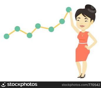 Asian businesswoman pulling up a business chart. Young business woman looking at chart going up. Businesswoman lifting a business chart. Vector flat design illustration isolated on white background.. Business woman looking at chart going up.