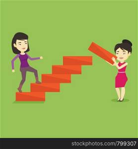 Asian businesswoman runs up the career ladder while another woman builds this ladder. Businesswoman climbing the career ladder. Business career concept. Vector flat design illustration. Square layout.. Business woman runs up the career ladder.