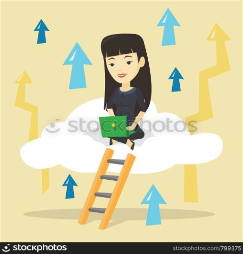 Asian businesswoman sitting on a cloud and working on a laptop. Happy businesswoman using cloud computing technology. Cloud computing technology concept. Vector flat design illustration. Square layout. Business woman sitting on cloud with laptop.