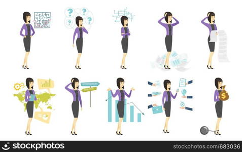 Asian businesswoman thinking about business solution. Businesswoman looking at labyrinth with solution. Business solution concept. Set of vector flat design illustrations isolated on white background.. Vector set of illustrations with business people.