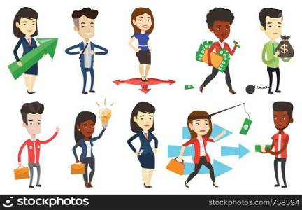 Asian businesswoman thinking about the strategy of business growth. Businesswoman holding arrow representing business growth. Set of vector flat design illustrations isolated on white background.. Vector set of business characters.