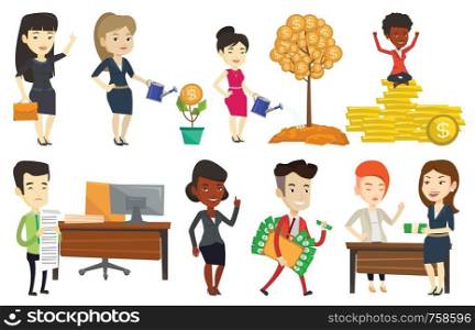 Asian businesswoman watering money flower. Businesswoman investing in business project. Concept of investment money in business. Set of vector flat design illustrations isolated on white background.. Vector set of business characters.