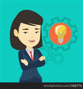 Asian businesswoman with business idea bulb in a cogwheel. Young smiling businesswoman having a business idea. Concept of successful business idea. Vector flat design illustration. Square layout.. Woman with business idea bulb in gear.