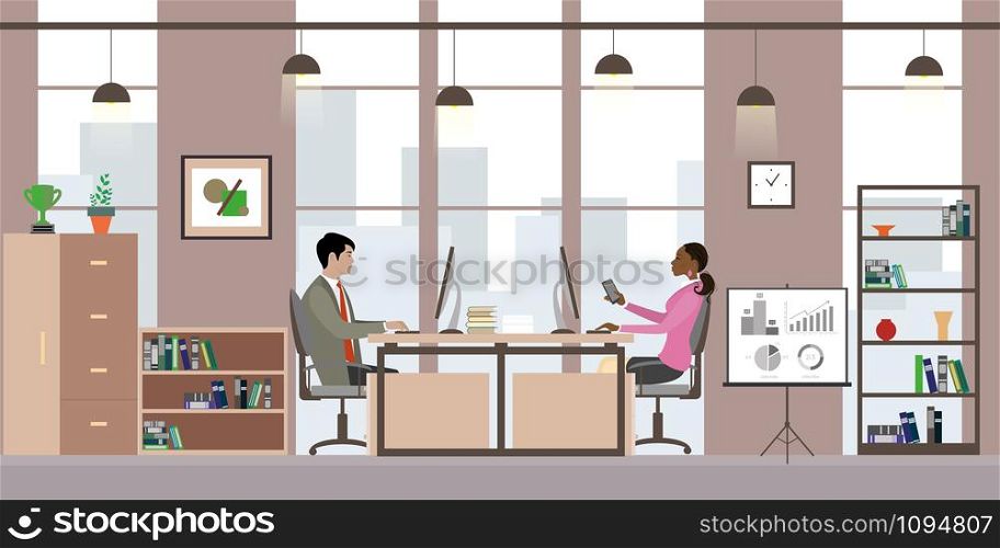 Asian businssman and african american business woman in modern office,Cartoon office manager in the workplace,flat vector illustration. Asian businssman and african american business woman in modern o