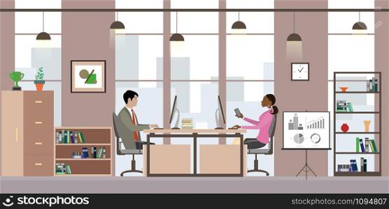 Asian businssman and african american business woman in modern office,Cartoon office manager in the workplace,flat vector illustration. Asian businssman and african american business woman in modern o