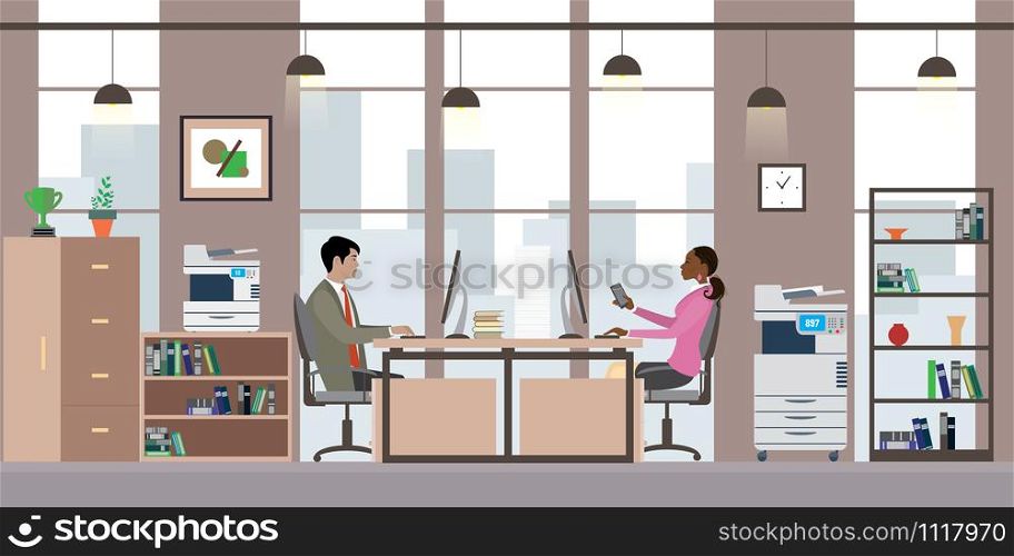 Asian businssman and african american business woman in modern office,Cartoon office manager in the workplace,flat vector illustration.. Asian businssman and african american business woman in modern o