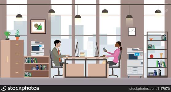 Asian businssman and african american business woman in modern office,Cartoon office manager in the workplace,flat vector illustration.. Asian businssman and african american business woman in modern o