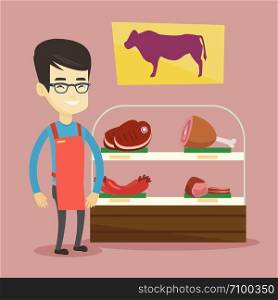 Asian butcher offering meat at display in butchery. Butcher at work at the counter in butchery. Butcher standing on the background of storefront. Vector flat design illustration. Square layout.. Butcher offering fresh meat in butchershop.