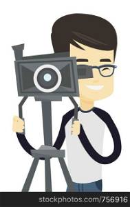 Asian cameraman looking through movie camera on a tripod. Young cameraman with professional video camera. Smiling cameraman taking a video. Vector flat design illustration isolated on white background. Cameraman with movie camera on tripod.