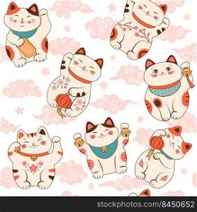 Asian cat pattern. Maneki neko character of fortune and lucky cheerful domestic animal recent vector seamless background. Illustration of lucky japanese cat for fortune. Asian cat pattern. Maneki neko character of fortune and lucky cheerful domestic animal recent vector seamless background