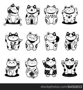 Asian cat. Stylized monochrome labels of maneki neko traditional asian animal of lucky and fortune recent vector pictures isolated. Illustration of cat asian and japanese. Asian cat. Stylized monochrome labels of maneki neko traditional asian animal of lucky and fortune recent vector pictures isolated
