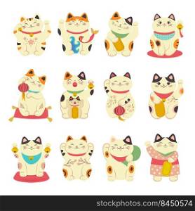 Asian cat. Traditional symbols of lucky animal maneki neko belling doll of fortune recent vector collection characters. Illustration of animal maneki neko, cat chinese lucky. Asian cat. Traditional symbols of lucky animal maneki neko belling doll of fortune recent vector collection characters
