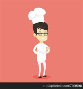 Asian cheerful chief cook in uniform and hat standing with arms crossed. Young asian chef cook. Full length of confident male chief cook. Vector flat design illustration. Square layout.. Confident male chief cook with arms crossed.
