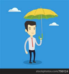 Asian cheerful insurance agent with umbrella. Young insurance agent standing safely under umbrella. Business insurance and business protection concept. Vector flat design illustration. Square layout.. Business man insurance agent with umbrella.