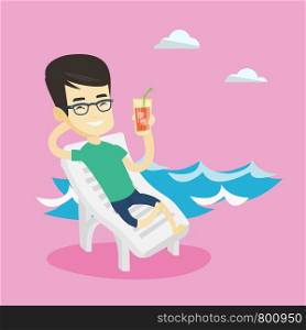 Asian cheerful man drinking a cocktail on a beach chair. Young joyful man sitting on a beach chair. Happy man resting on a beach chair with cocktail. Vector flat design illustration. Square layout.. Man relaxing on beach chair vector illustration.