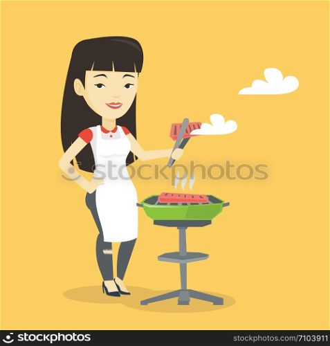 Asian cheerful woman cooking steak on the barbecue grill outdoor. Smiling woman preparing steak on the barbecue grill. Woman having outdoor barbecue. Vector flat design illustration. Square layout.. Woman cooking steak on barbecue grill.