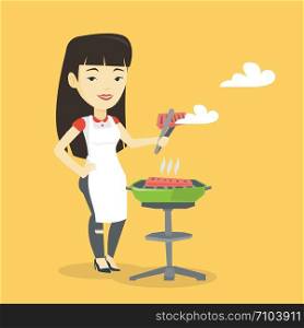 Asian cheerful woman cooking steak on the barbecue grill outdoor. Smiling woman preparing steak on the barbecue grill. Woman having outdoor barbecue. Vector flat design illustration. Square layout.. Woman cooking steak on barbecue grill.