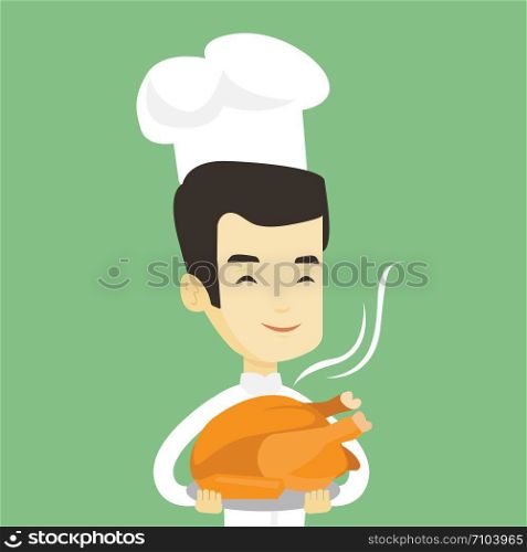 Asian chief cook in uniform and cap holding roasted chicken. Chief cook with whole baked chicken. Chief cook holding plate with just fried chicken. Vector flat design illustration. Square layout.. Chief cook holding roasted chicken.