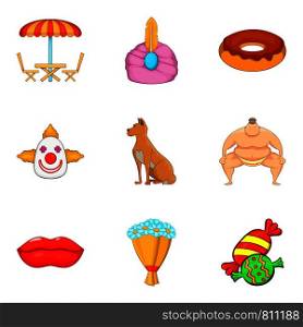 Asian circus icons set. Cartoon set of 9 asian circus vector icons for web isolated on white background. Asian circus icons set, cartoon style