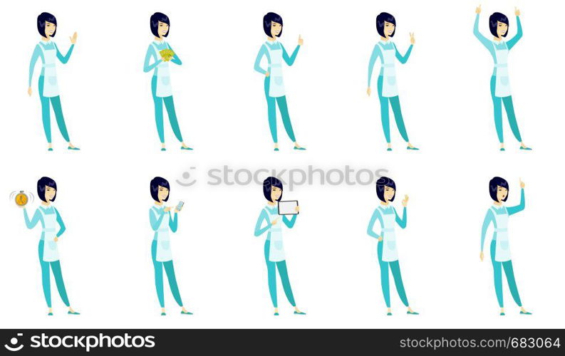 Asian cleaner holding a tablet computer. Full length of young cleaner pointing at tablet computer. Cleaner with tablet computer. Set of vector flat design illustrations isolated on white background.. Vector set of illustrations with cleaner character