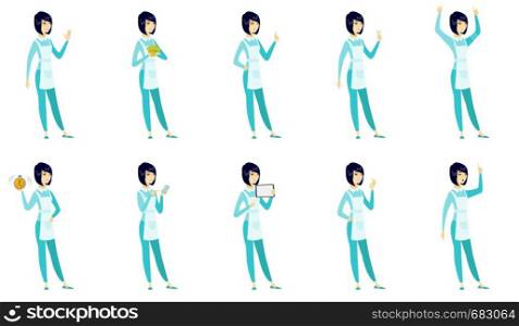 Asian cleaner holding a tablet computer. Full length of young cleaner pointing at tablet computer. Cleaner with tablet computer. Set of vector flat design illustrations isolated on white background.. Vector set of illustrations with cleaner character