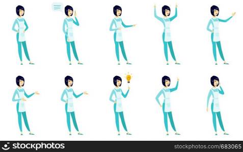 Asian cleaner pointing at idea light bulb. Full length of young cleaner having a creative idea. Clleaner came up with a great idea. Set of vector flat design illustrations isolated on white background. Vector set of illustrations with cleaner character