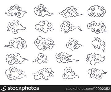 Asian clouds. Chinese or japanese line cloud decorative collection. Traditional korean vector elements. Chinese and japanese cloud line, oriental asian traditional illustration. Asian clouds. Chinese or japanese line cloud decorative collection. Traditional korean vector elements