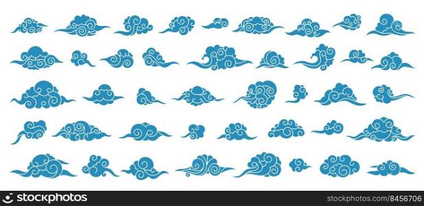 Asian clouds ornament. Chinese Japanese Korean oriental outline festive decorative elements, traditional sky art background. Vector isolated set of asian chinese cloud element illustration. Asian clouds ornament. Chinese Japanese Korean oriental outline festive decorative elements, traditional sky art background. Vector isolated set