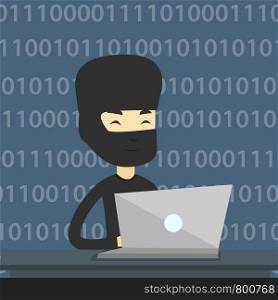 Asian computer hacker in mask working on laptop on the background with binary code. Hacker using laptop to steal data and personal identity information. Vector flat design illustration. Square layout.. Hacker using laptop to steal information.
